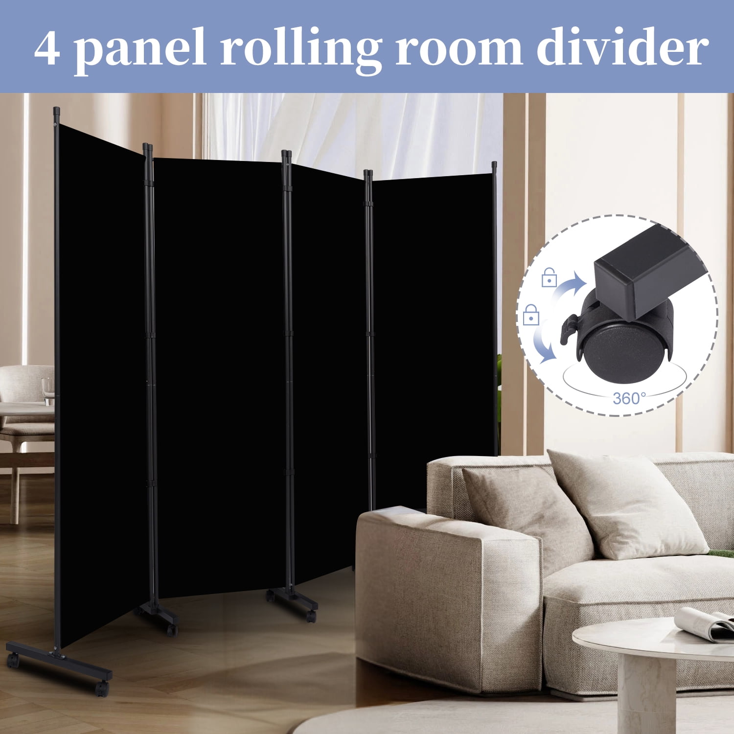 YASRKML 6FT 4 Panel Rolling Room Divider, Self-lockable Room Dividers and Folding Privacy Screens with Wheels, Partition Privacy Screens , Portable Wall Divider for Room Separation, Black
