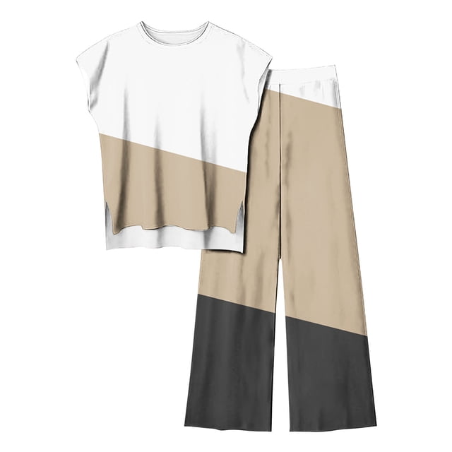 Besolor Womens 2 Piece Outfits 2024 Summer Tracksuit Color Block Sleeveless Tops and Long Pants Lounge Sets Plus Size