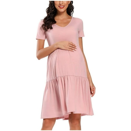 

asdoklhq Maternity Clothes for Women Clearance Woman Solid Short Sleeve Breast-Feeding Pregnant Maternity Nursing Dress