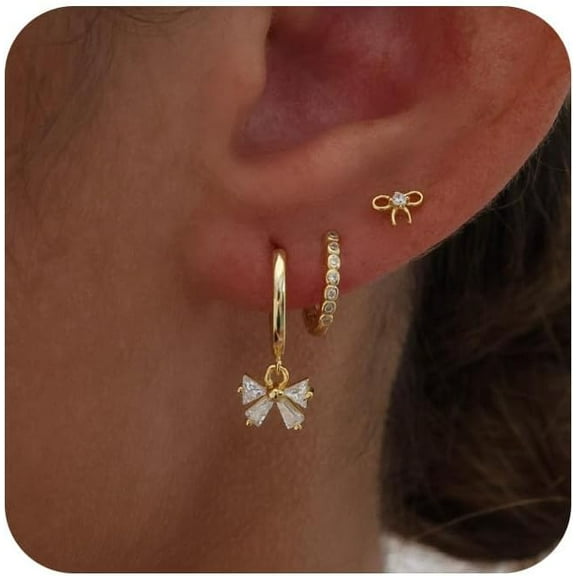 Gold Plated Earrings for Women, 14k Gold Plated Earring Stack Hypoallergenic Pearl Drop Earring Dainty Earrings for Women Trendy Cute Small Huggie Hoop Earring Fashion Womens Jewelry
