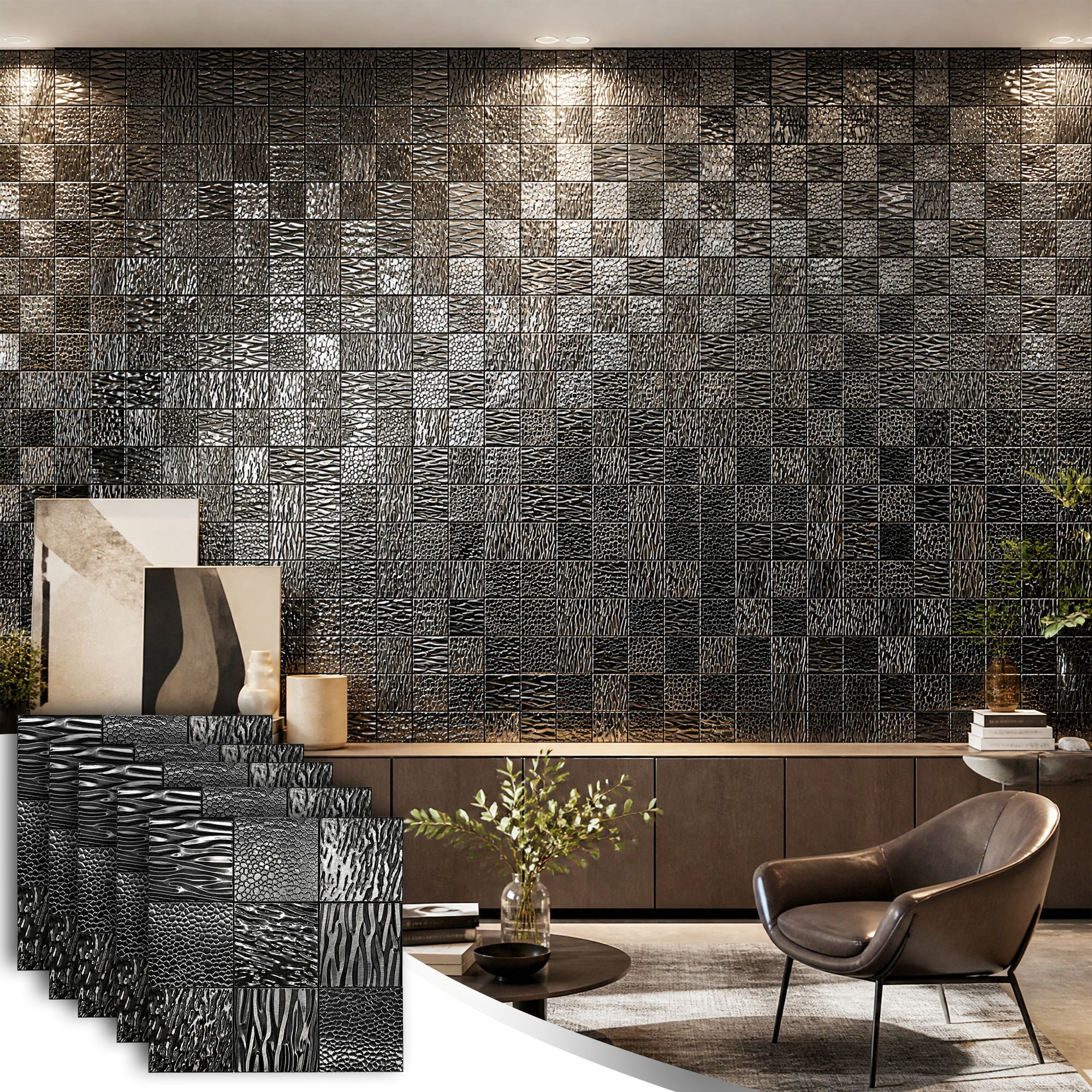Easy4Home 5Pcs 12"x12" Metal Wall Panels Morden Mosaic Tiles for Interior Wall Decor, Black