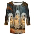 thumbnail image 4 of VKOYWKM Women's Ghost T-Shirts Halloween 3/4 Length Sleeve Women Tops Halloween Spooky Print Crew Neck Pullover Tees Loose Fit Comfy Fall Tunic Tops Halloween Costumes, 4 of 5