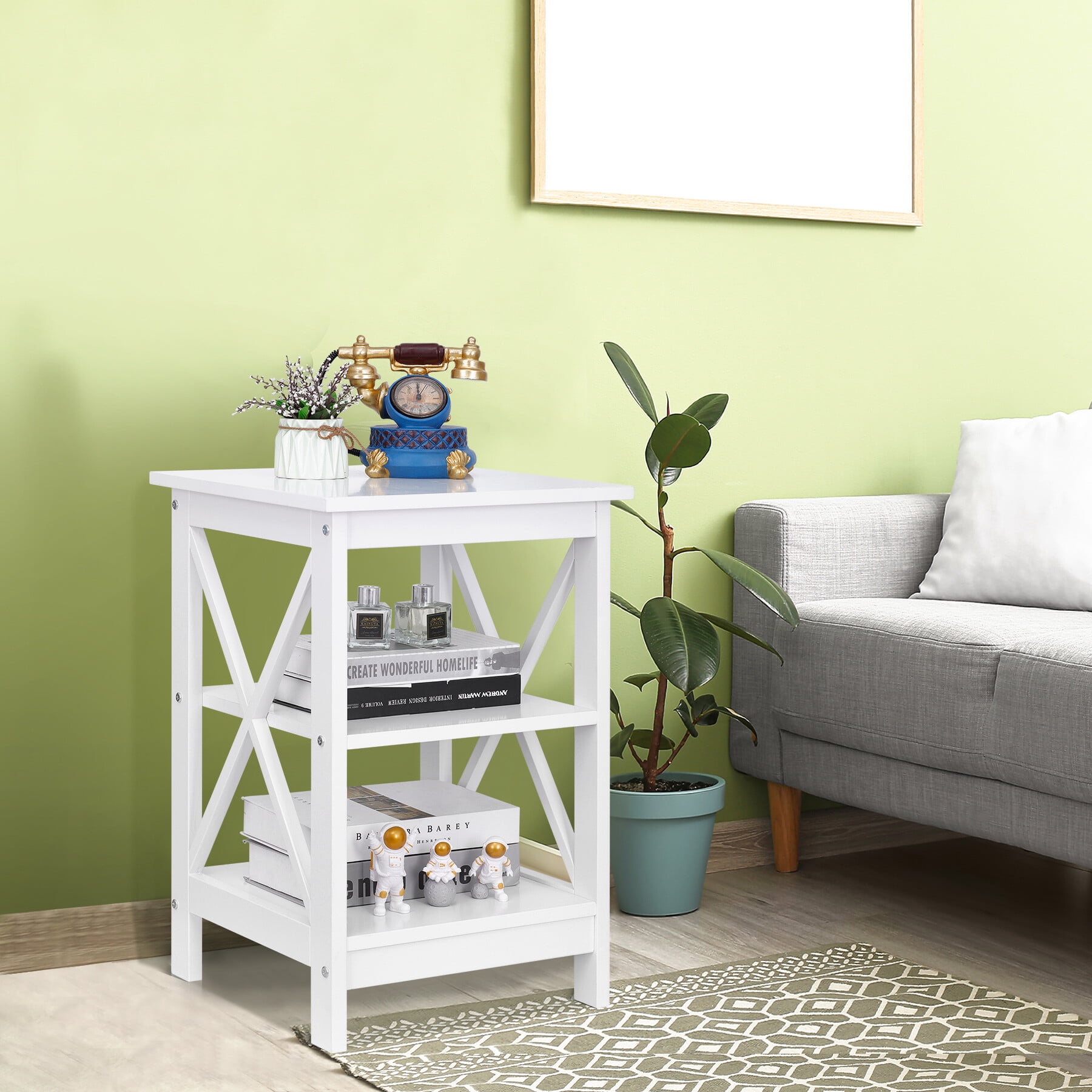 HomGarden 3-Tier Square End Table, MDF Sofa Side Table Storage Shelf, White