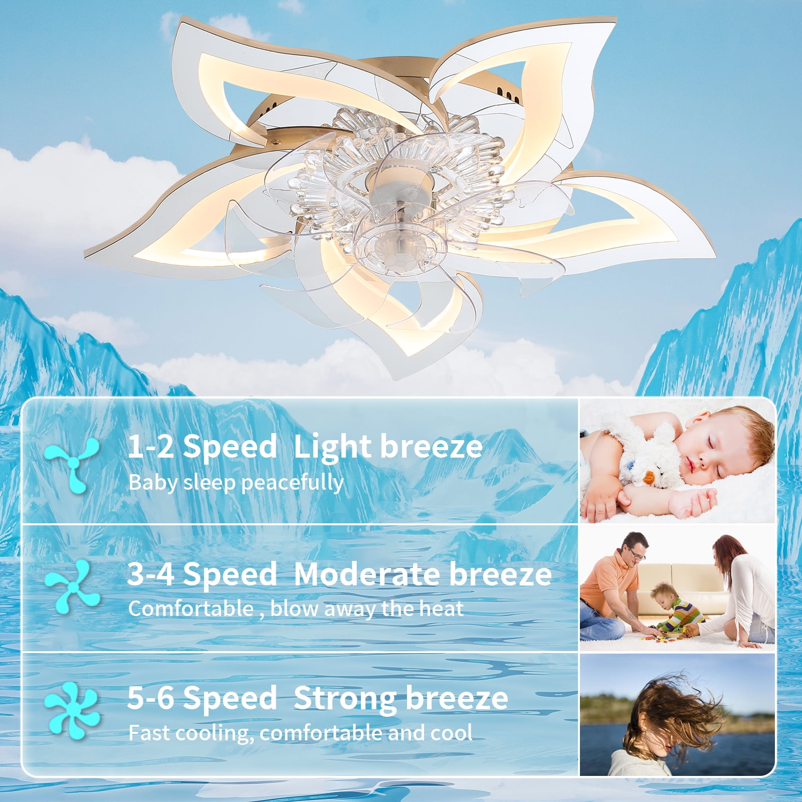 Eowynic 27 Inch Modern Ceiling Fan with Light, Remote Control, Flush Mount, DC Motor, 6 Speed, Flower-Shaped, Silver