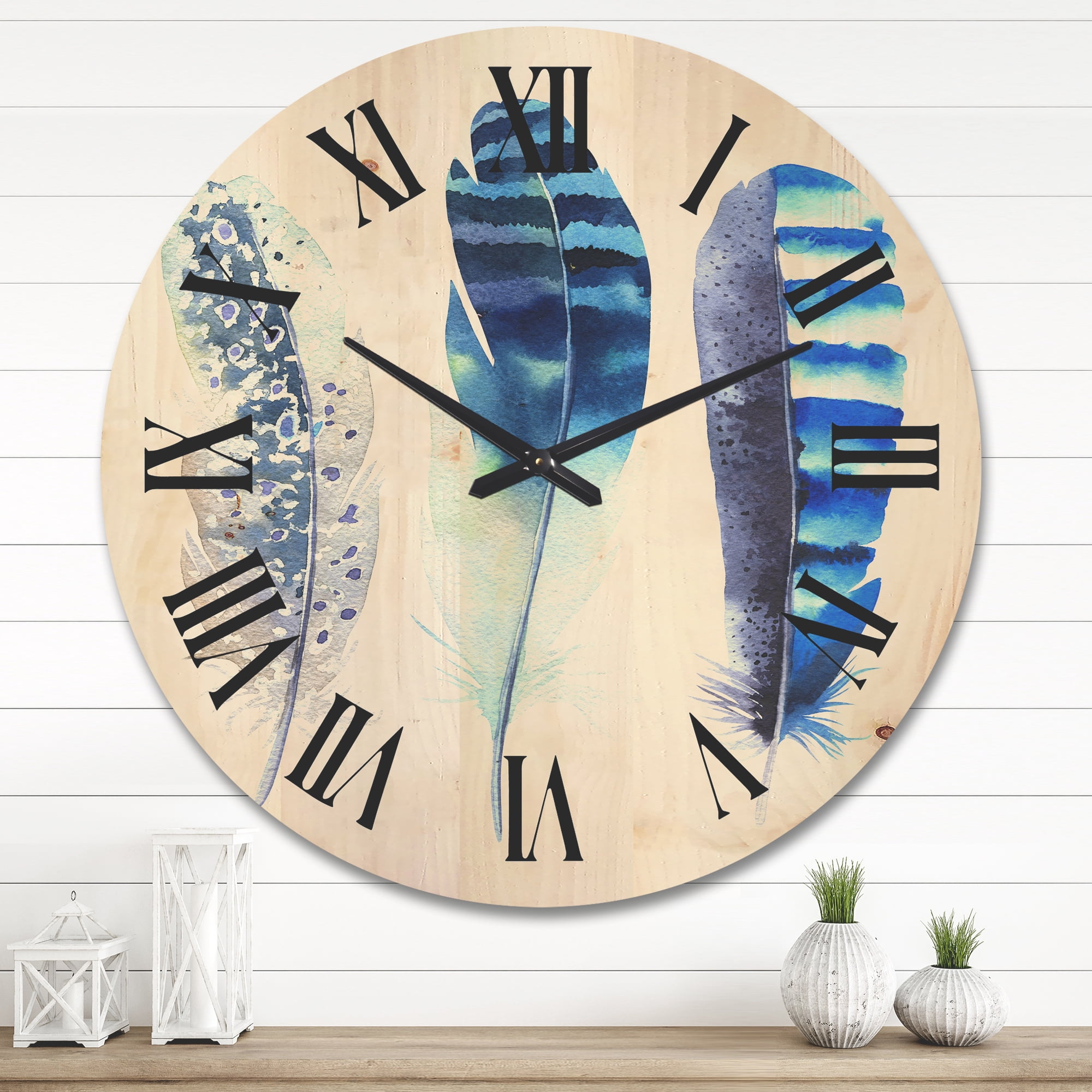 Designart 'Colourful Boho Art Feathers I' Bohemian & Eclectic Wood Wall Clock