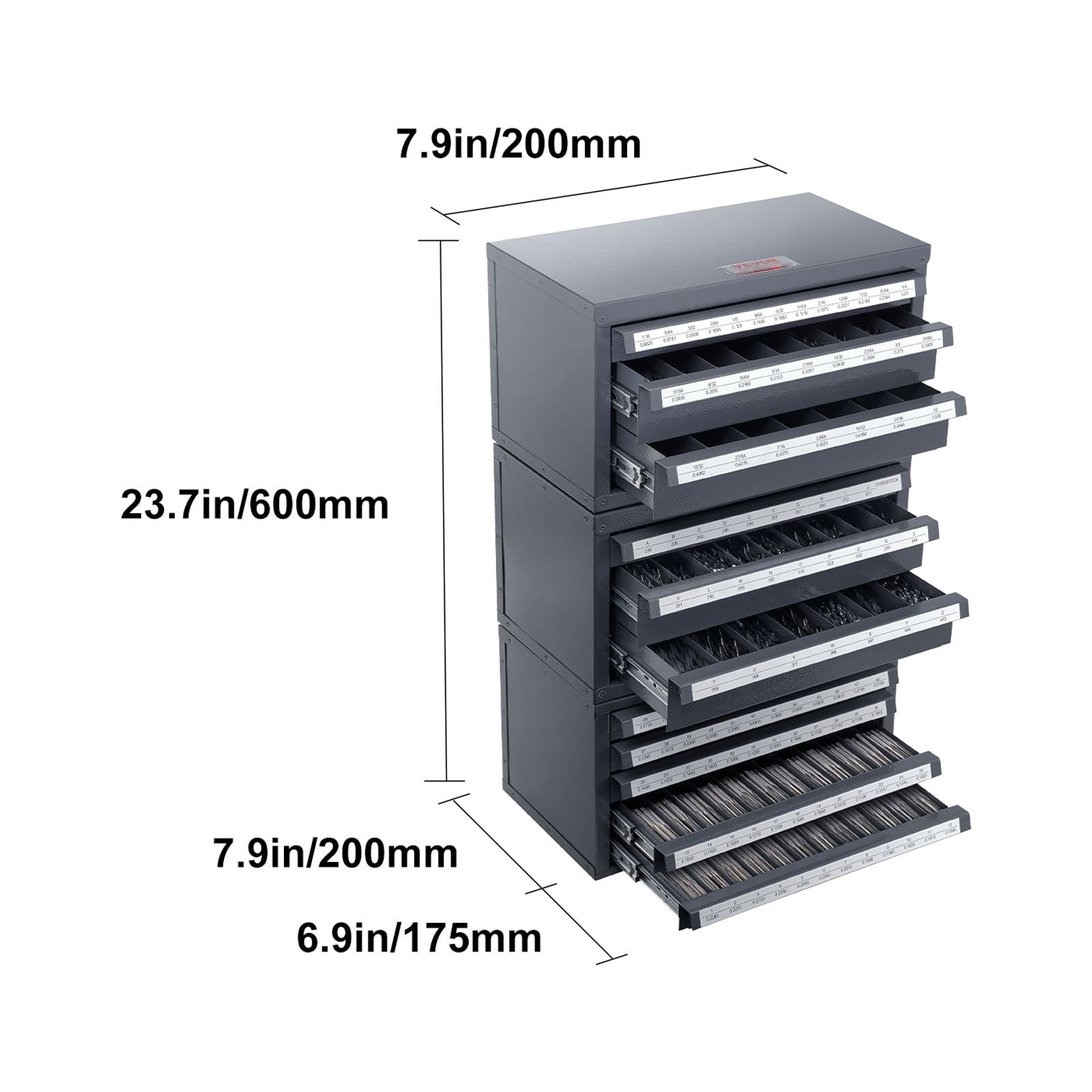 VEVOR Drill Bit Dispenser Cabinet, 3 Pieces Three-Drawer for 1/16" to 1/2" & Letter Sizes A to Z, Five-Drawer Drill Bit Organizer for Wire Gauge Sizes #1 to #60, Stackable for Drill Bit Storage