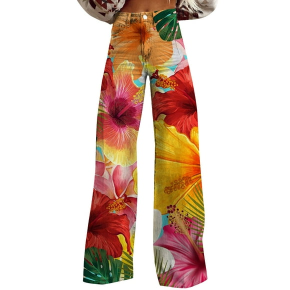 Hot Sale!BKQCNKM Wide Leg Jeans Woman, Colored Jeans for Women, Vintage Jeans, Baggy Jean 2025 Summer Wide Leg Vintage Pant Y2k Denim Pant, Floral Jeans, Pink 1 XXL