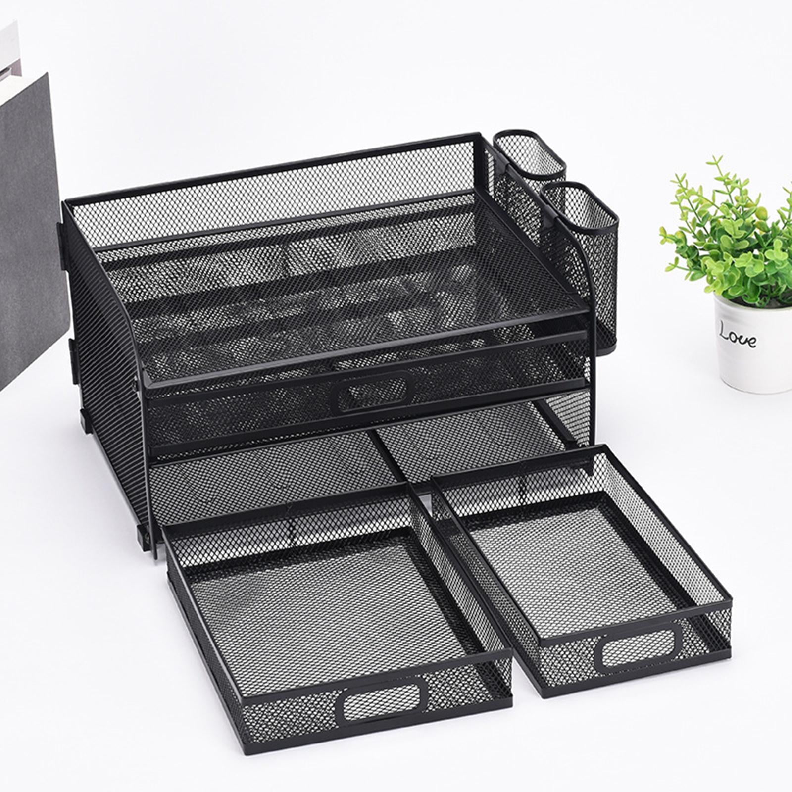 Desk Organizer File Holder Mesh Desktop File Sorter Organizer Office Accessories Organization Metal Folding Document File Tray Rack Desktop with Pencil Holders