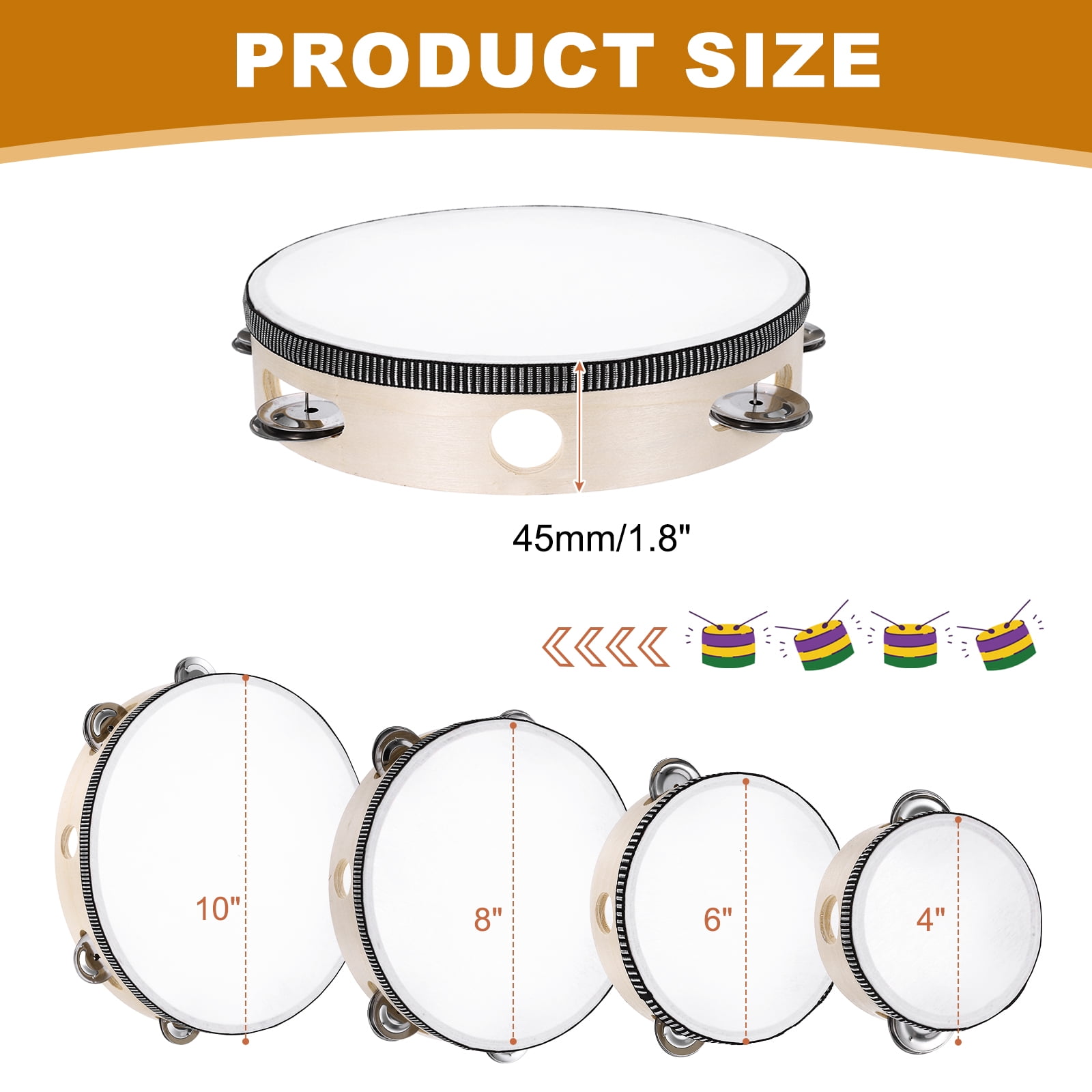 Uxcell 1 Pcs Tambourine Drum 8 Inch Wood Hand Held Tambourine Single Row Metal Jingle Percussion Musical Drum Instrument for Adults Church Wedding Party Games, Wood Color