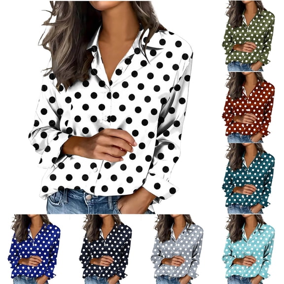 Ashirexll Womens Long Sleeve Tops Polka Dots Print Satin Button Front Collared Casual Style Long Sleeve Shirt Top