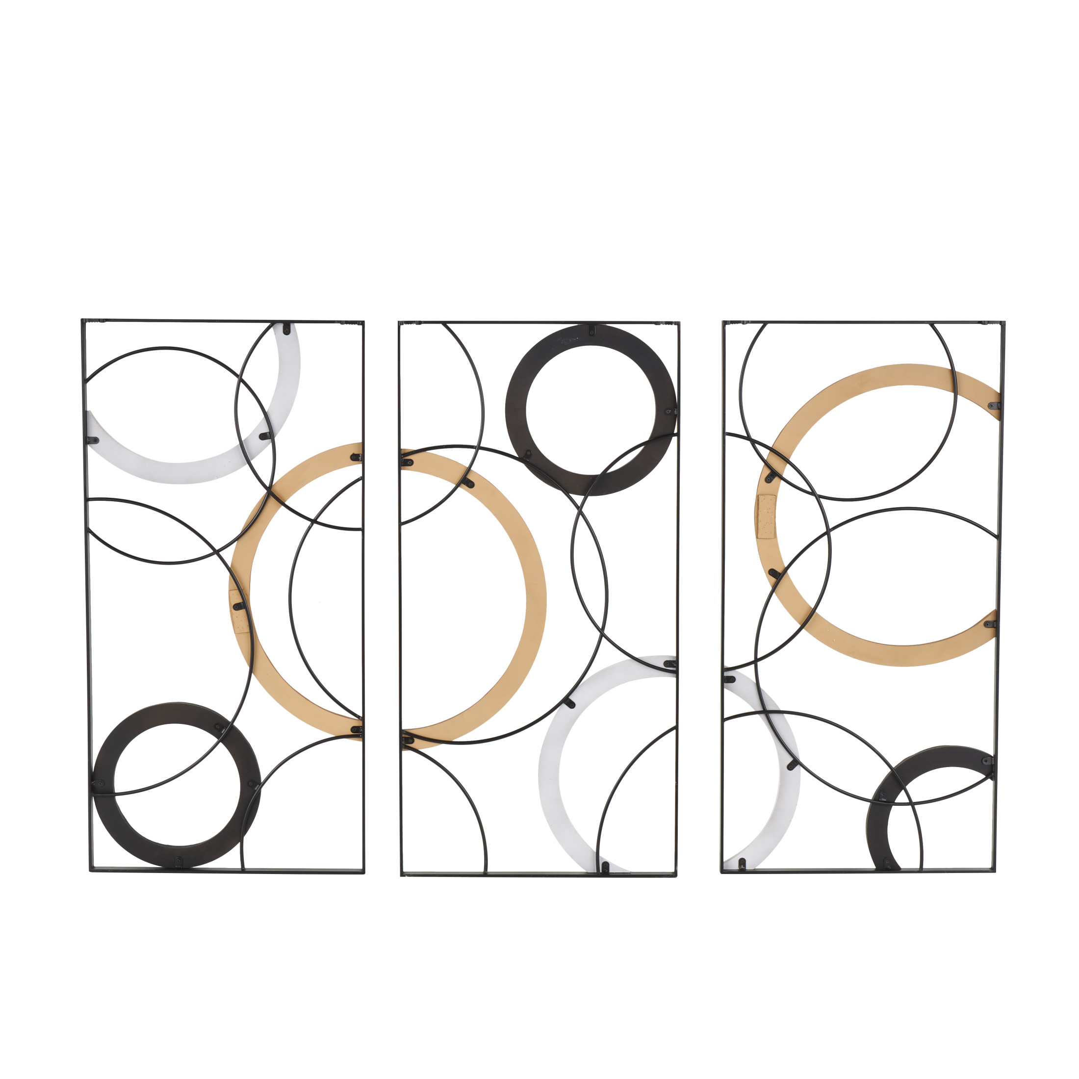 DecMode Black Metal Overlapping Circles Geometric Wall Decor with Brown and White Wooden Accents (3 Count)