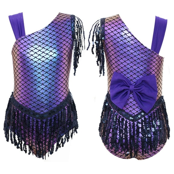 YiZYiF Kids Girls Metallic Gymnastics Ballet Dance Leotard Sparkly Sequins Tassels Mermaid Bodysuit Blue 6