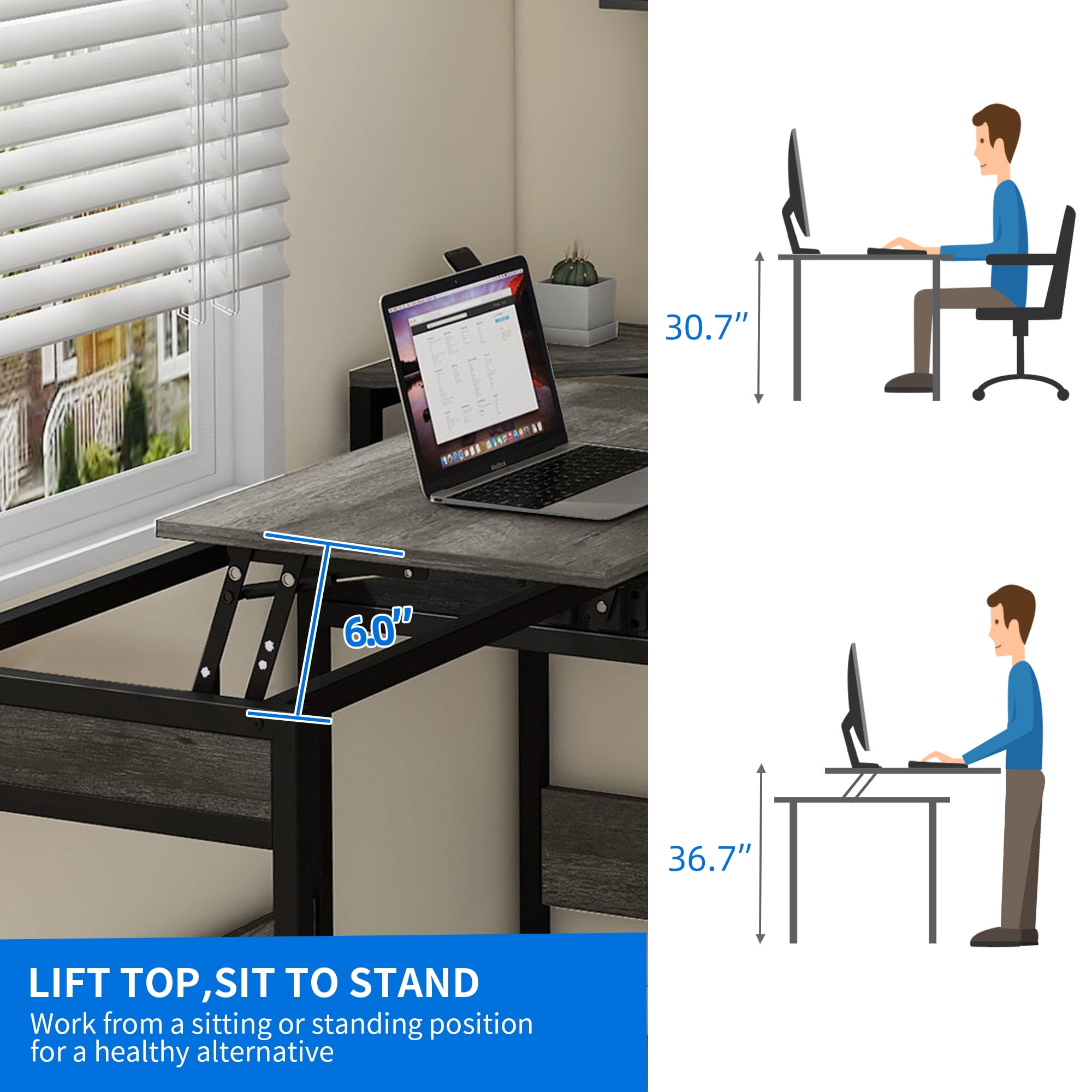 Uforic 65" L Shaped Desk with Lift Top & Monitor Stand, Computer Desk with File Drawer, Corner Desk Office Desk Executive Desk with Storage Shelves for Home Office, Gray