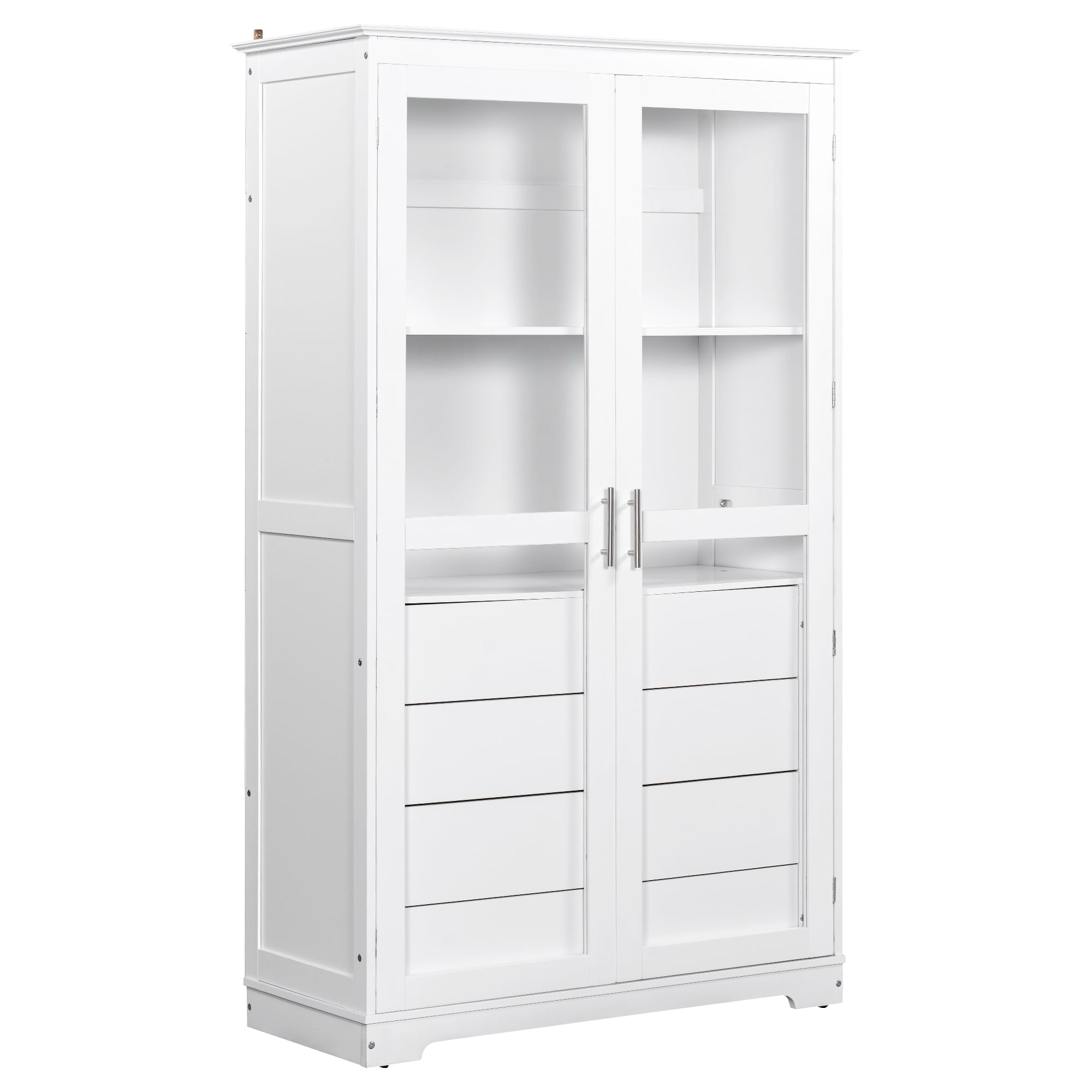 Harper & Bright Designs Farmhouse Kitchen Pantry Cabinet with Microwave Shelf, Tall Kitchen Storage Cabinet with Glass Door, Freestanding Hutch with 4 Built-in Drawers, 75", White