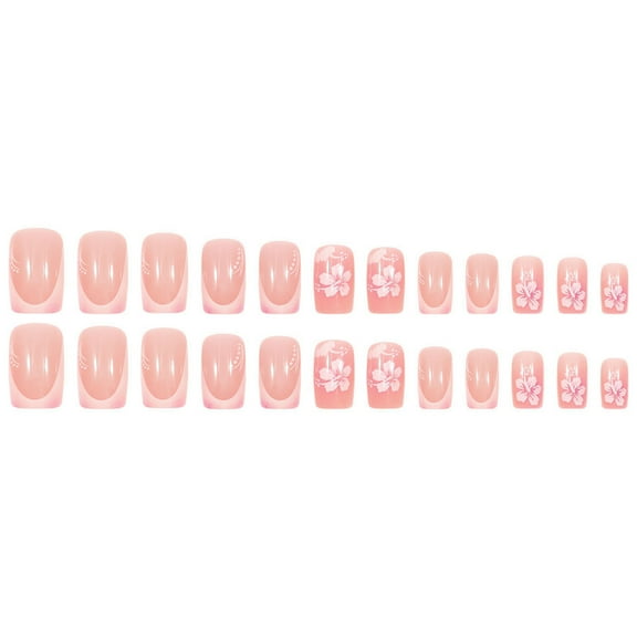 LEHOZIHEQ French Flower Fake Nails, Square Short Press on Nails, with Sequins Designs Glossy False Nails Pink Stick on Acrylic Nails