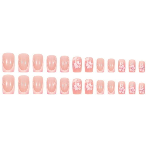 LEHOZIHEQ French Flower Fake Nails, Square Short Press on Nails, with Sequins Designs Glossy False Nails Pink Stick on Acrylic Nails