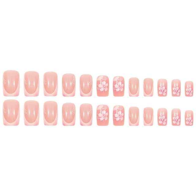 Puntas de uñas francesas rosas con flores blancas, uñas cortas cuadradas, parches para uñas, puntas de uñas cuadradas, 24 piezas