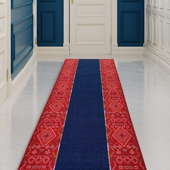 Made Runner Rug Low Pile with Rubber Backing for Kitchen Foyer Hallway Entry Choose Your Length Size 26 Inch Wide Southwest Bohemian Design Blue Red Color (6 feet x 26 inch)