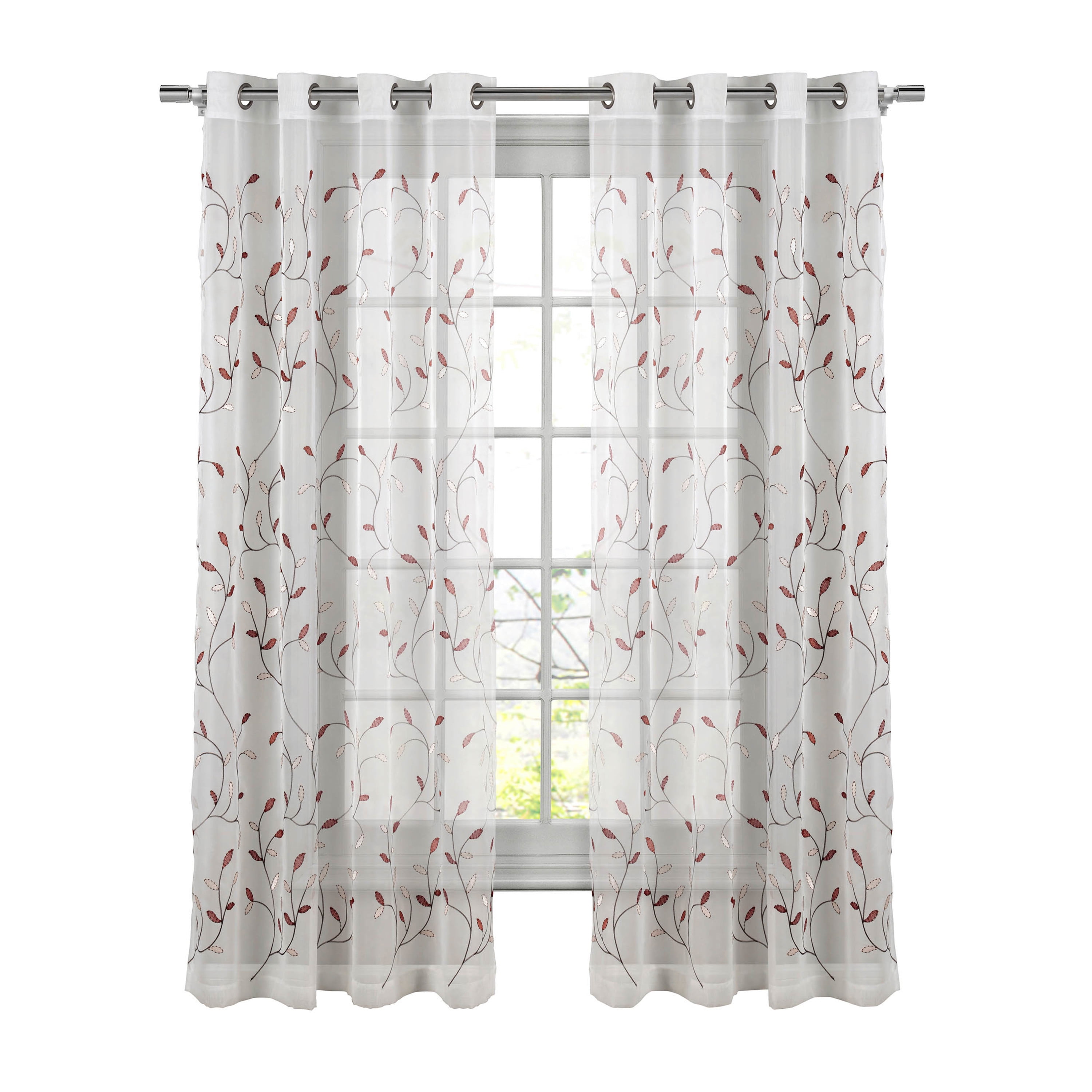 Grommet Curtain Panel, Embroidered Sheer Extra-Wide, Red 54" x 63"