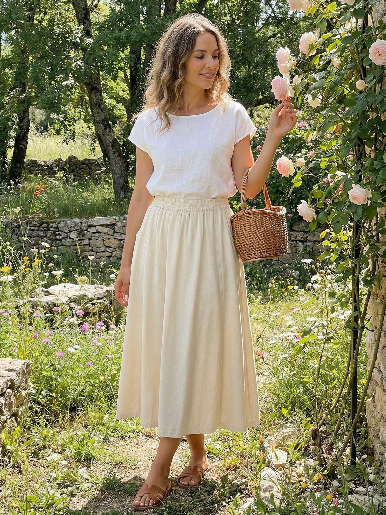 DARING DIVA Women's Flowy High Waist A-Line Midi with Pockets Skirt Medium Beige