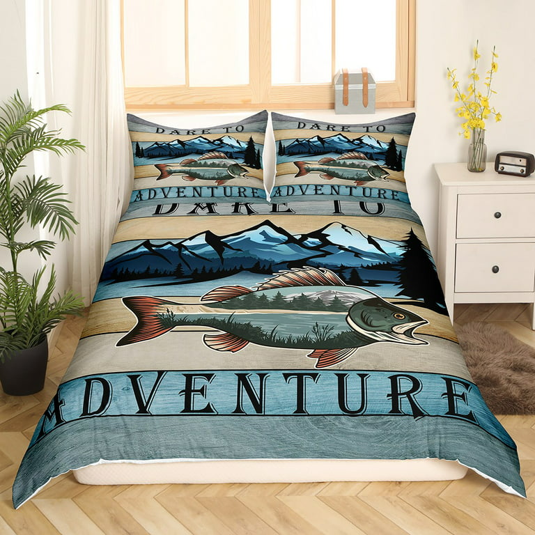 YST Hunting and Fishing Bed Set Big Bass Fish Duvet Cover for Boys