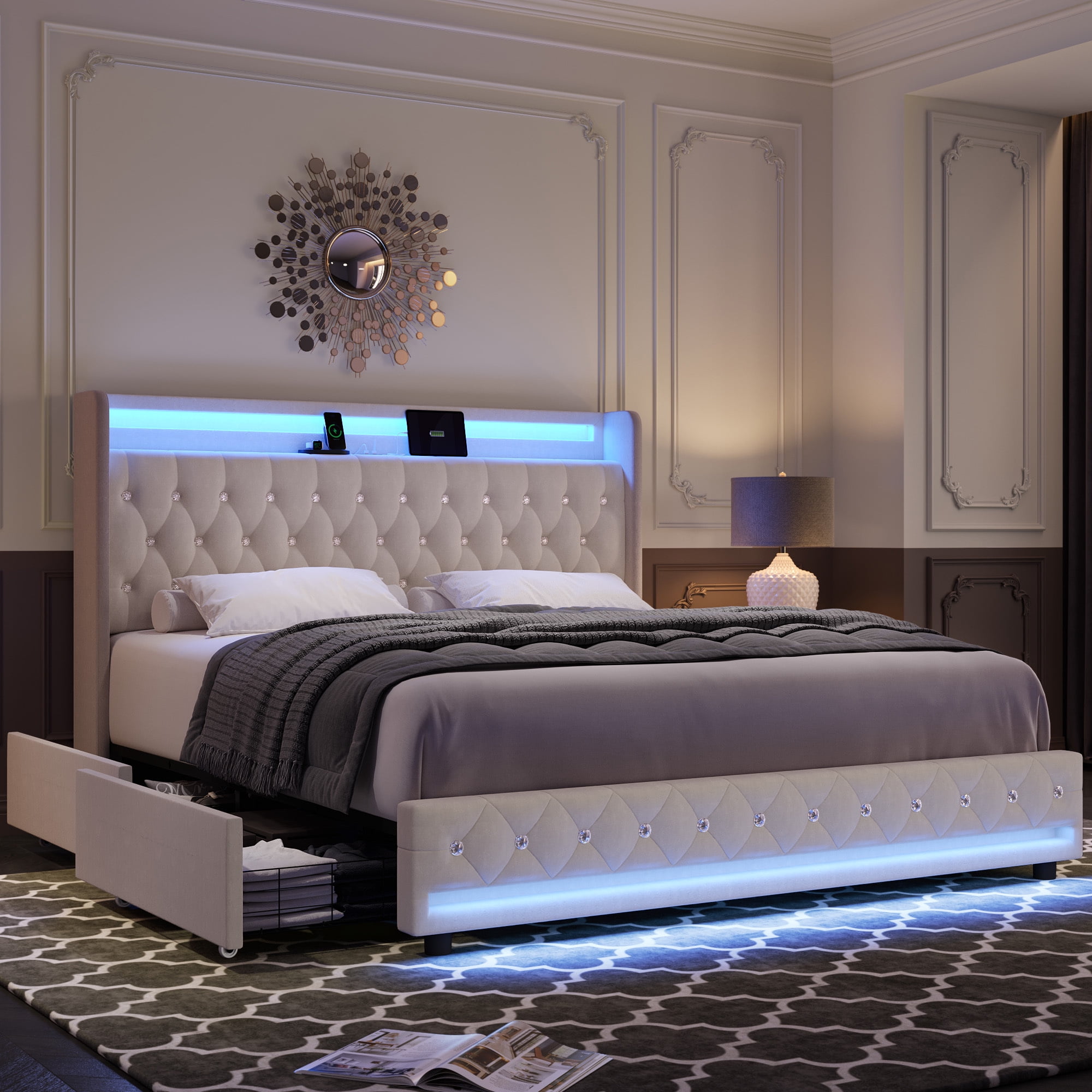 Homfa Full Size LED Bed Frame with Outlets and USB Ports, 4 Storage Drawers Modern Wingback Crystal Button Tufted Velvet Upholstered Platform Bed Frame, Beige