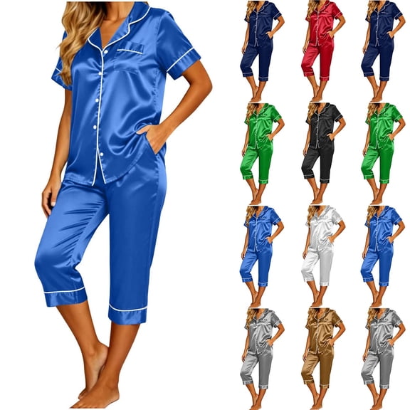 XUNKUSGA Women's Satin Pajama Sets 2 Piece Capri Pajamas Short Sleeve Lapel Button Down Shirts Silk Pjs Lightweight Breathable Casual Pajamas for Women Set Blue S