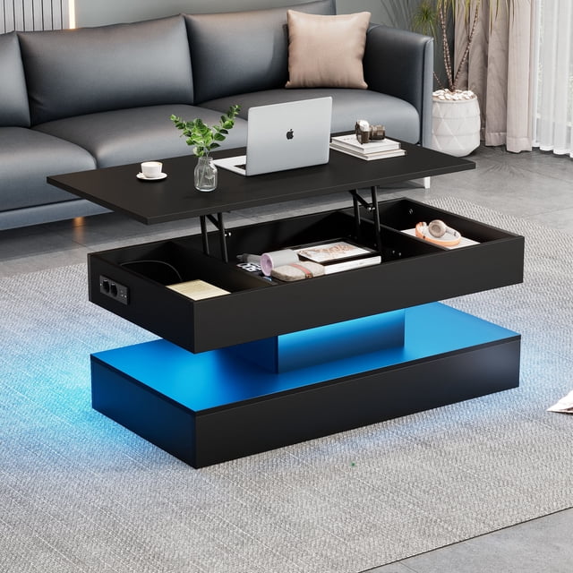 Noble House Modern Coffee Table with LED & Hydraulic Lift Hidden Storage,Multifunctional Table for Living Dining Office,Black