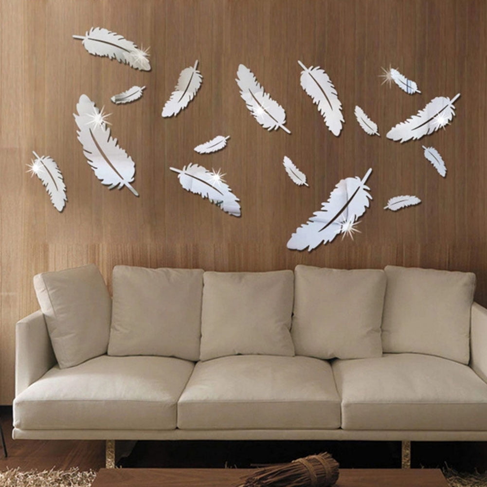 3D DIY Removable Feather Mirror Wall Stickers Decal Art Vinyl Home Room Decor 
