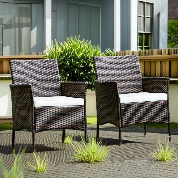 Veryke Set of 2 Outdoor Poly Wicker Rattan Stackable Cushioned Dining Chairs for Patio Furniture - White