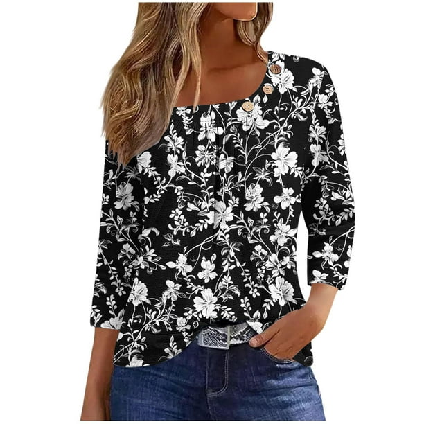 Blusas para las Mujeres Casual, 3/4 Manga Floral Estampado Camiseta de Moda Top Hecho de Poliéster Transpirable Suave para el Uso Diario de Primavera Otoño, Tops de Blusa para las Mujeres