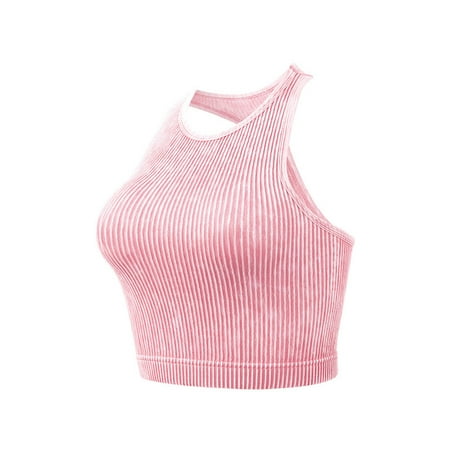 TrendVibe365 Sports Bra Women Ribbed Knit No Underwire Push up Tshirt Bralette Padded High Neck Racerback Halter Wide Strap Supportive Longline Bustier Full Coverage Cute Shapewear Pink L