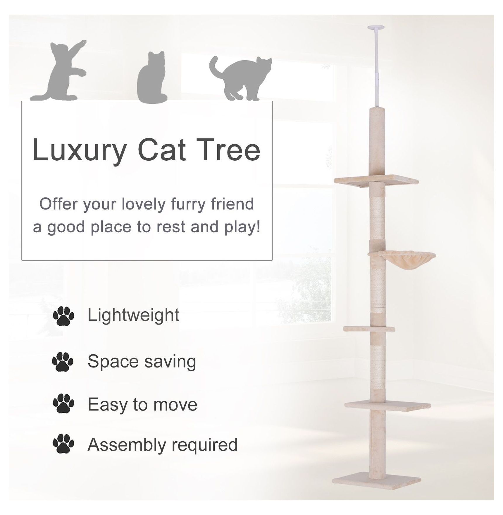 8.5' Cat Tree Floor to Ceiling Adjustable Height, 5 Platform Cat Tower with Sisal Scratching Posts, Beige