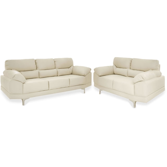 Sala de Piel Genuina 3-2 Sofá y Love Seat, 5 plazas, Modelo Lisboa, Color Marfil, Elegante, comodo y Moderno, Hecho en Mexico. Medidas: Sofá 220 X 85 X 90 cm, Love Seat 166 X 85 X 90 cm.