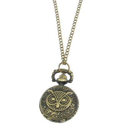 Unique Bargains Bronze Tone Flower Carved Owl Case Numbers Quartz Necklace Watch