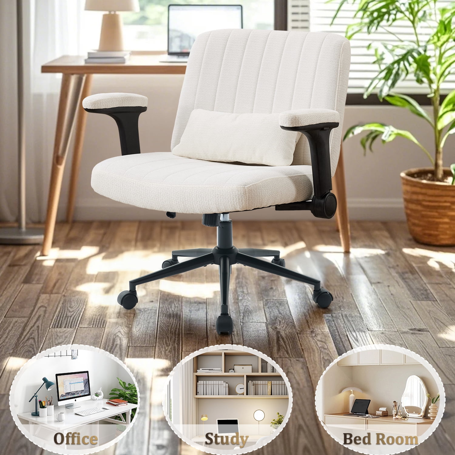 IPKIG Ergonomic Office Chair with Wheels and Flip-Up Arms, Wide Seat Swivel Desk Chair for Home Office, Computer, Vanity, Chenille Beige