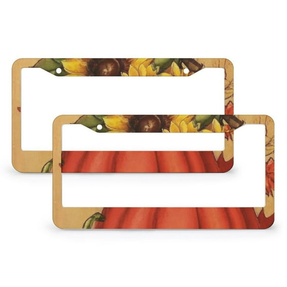 2 Pieces Farmhouse Harvest Pumpkin Sunflower Autumn License Plate Frame Fall Autumn Thanksgiving Harvest Car Tags Frames Holder Quality Aluminum Metal 2 Hole Funny Cute for USA Canada Vehicles