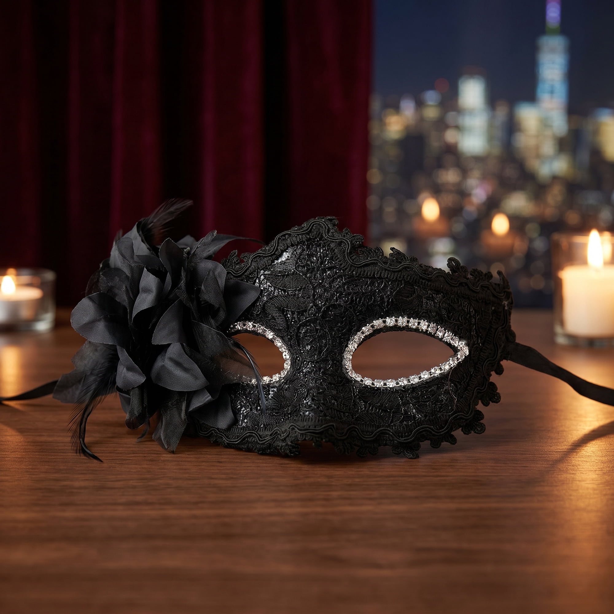 Unique Bargains Venetian Masquerade Mask, Side Flower Rose Eye Mask Black 6.3" x 4.3"