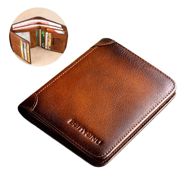 Men's Blocking Full Grain Leather ID Window Multi-Currency Wallet Bifold I9H4