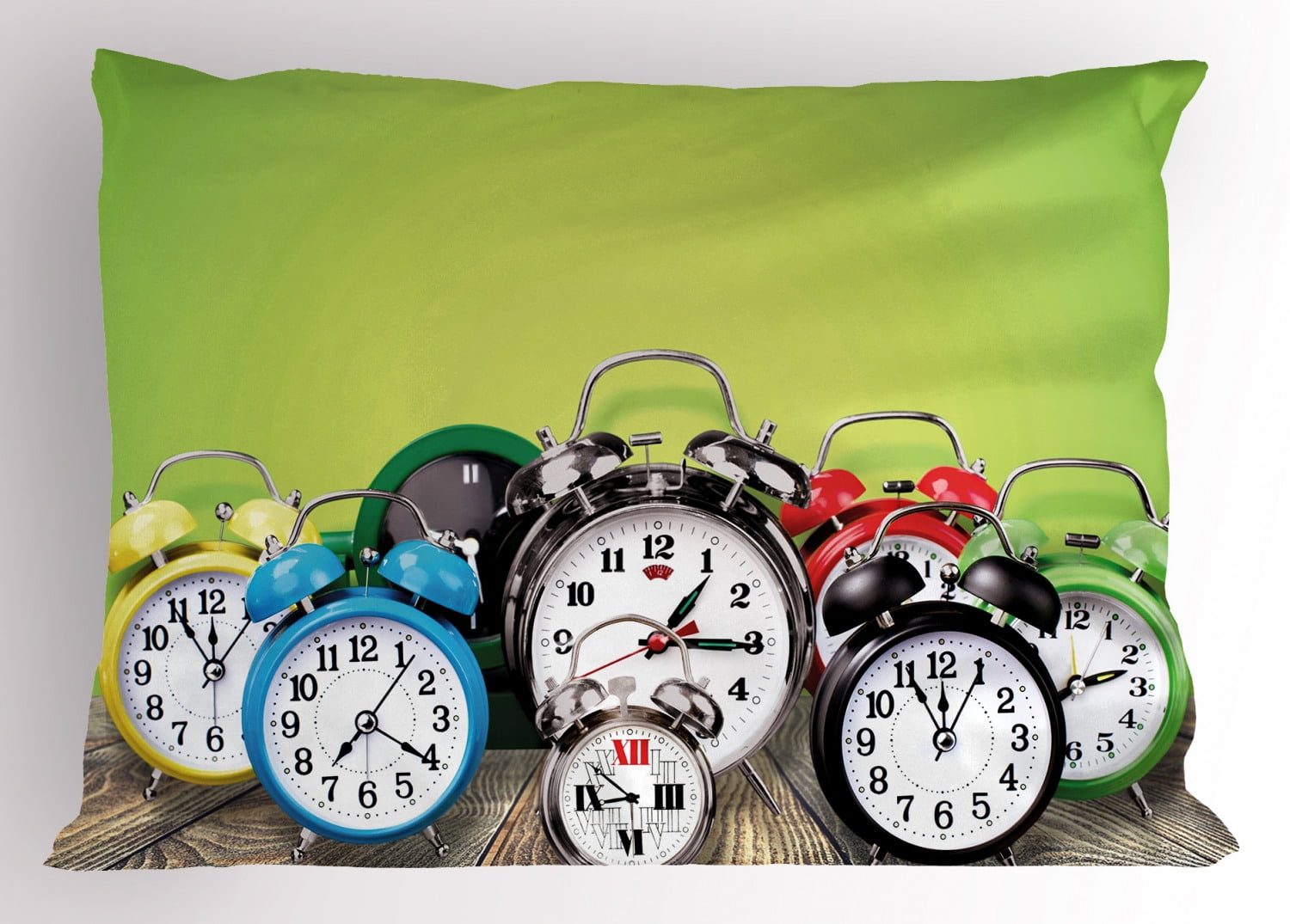 Clock Pillow Sham A Group of Alarm Clocks on the Wooden Ground Digital