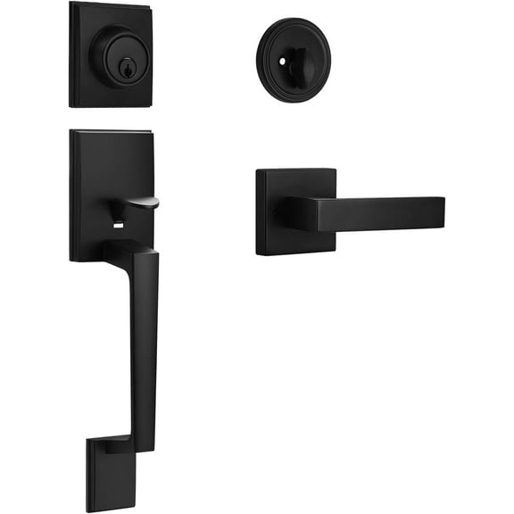 Matte Black Front Door Handle and Single Cylinder Deadbolt Combo Set, Black Exterior Door Lever, Heavy Duty Modern Front Door Lock Set, Reversible for Right & Left