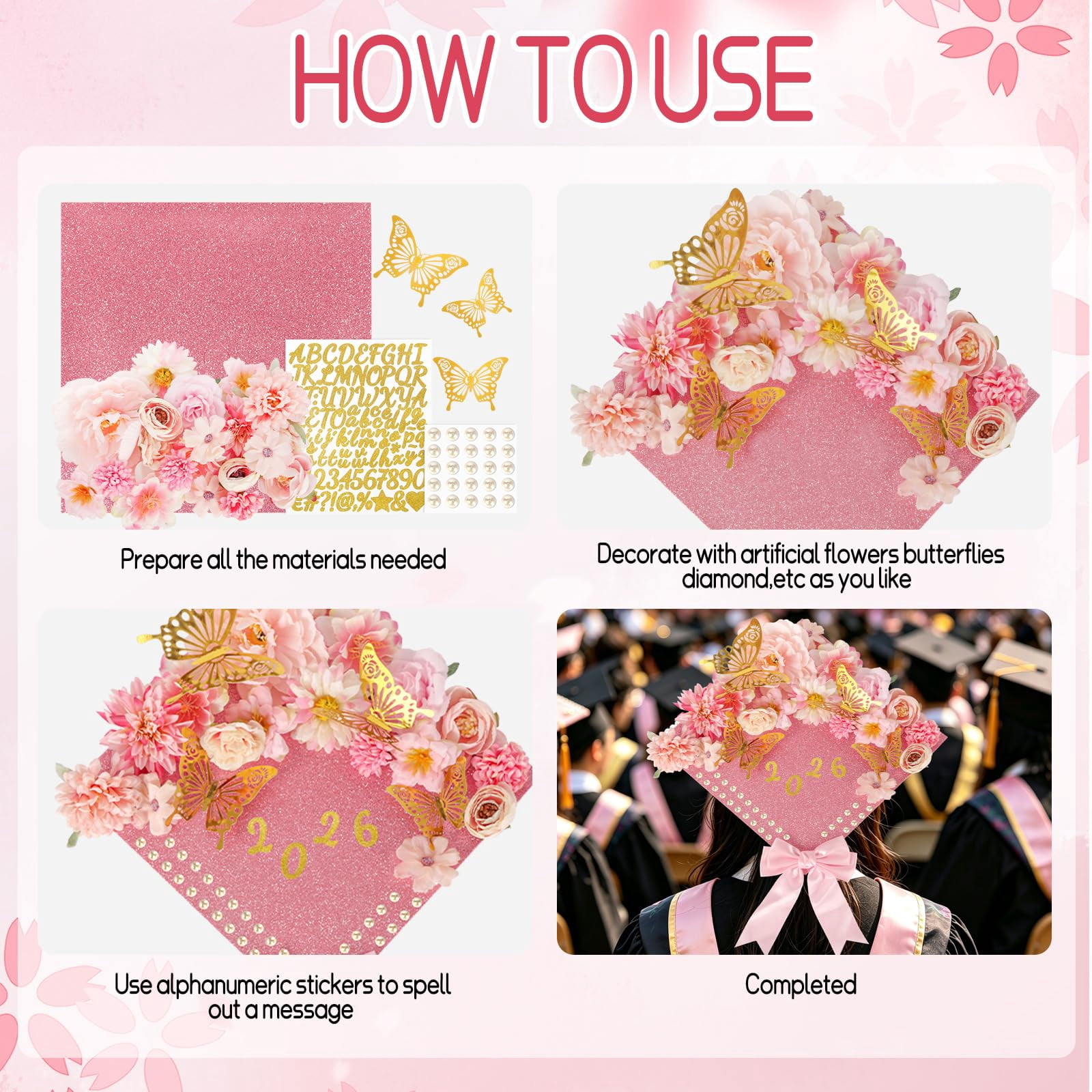 Graduation Cap Decoration Kit with Faux Flowers, 3D Butterflies and Adhesive Dots for Party