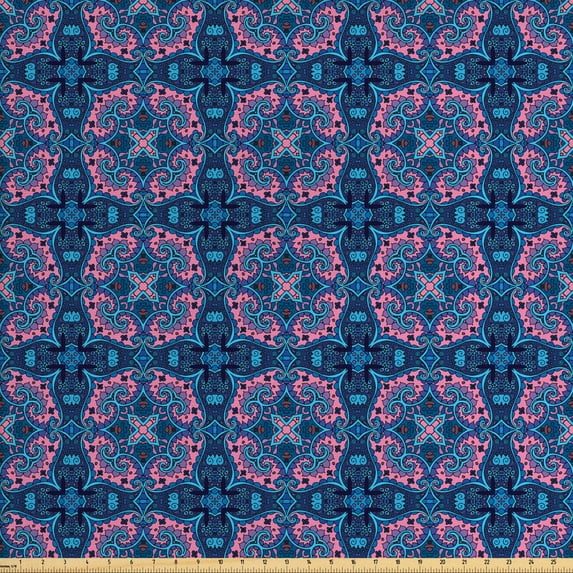 Ethnic Fabric by the Yard, Detailed Floral and Paisley Pattern in Pink and Blue Shades Baroque Cultural, Upholstery Fabric for Dining Chairs Home Decor Accents, Multicolor by Ambesonne