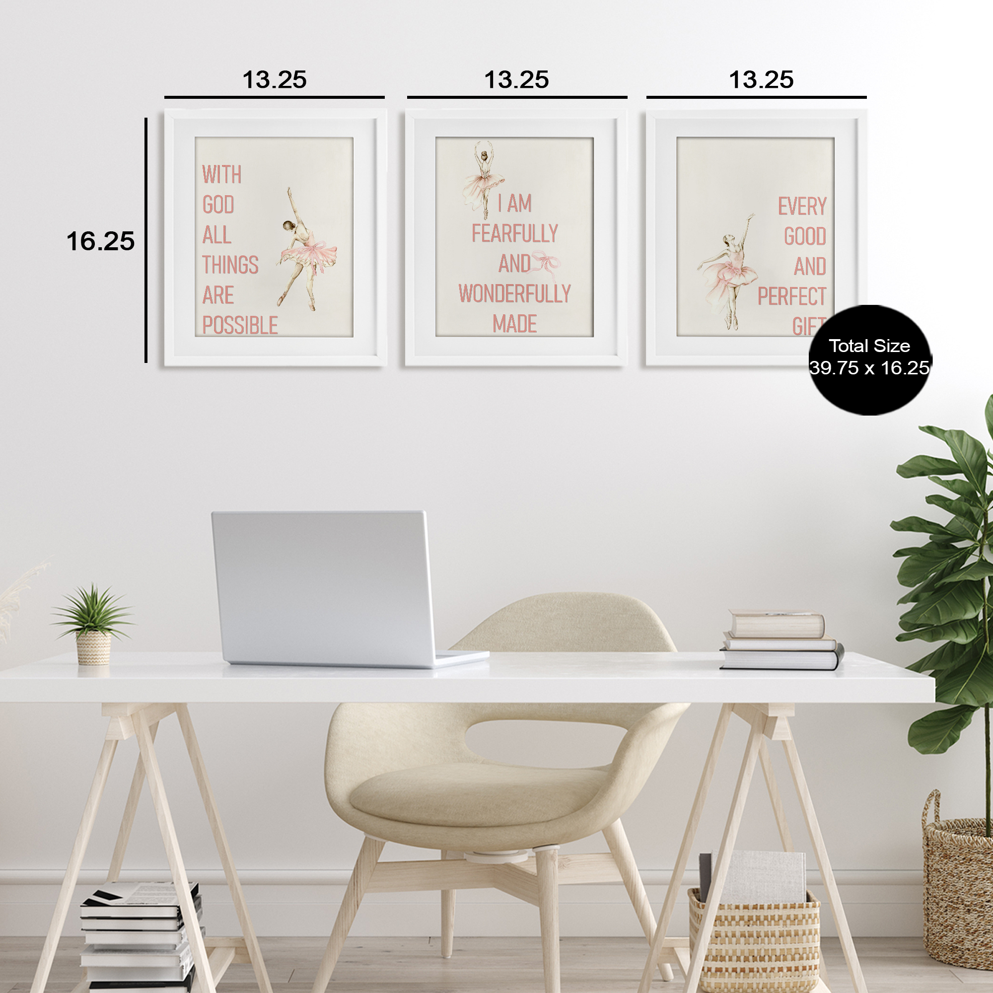 Faith Sentiments with Ballerinas 3 Piece White Framed Print Under Glass Set, design by Kim Allen