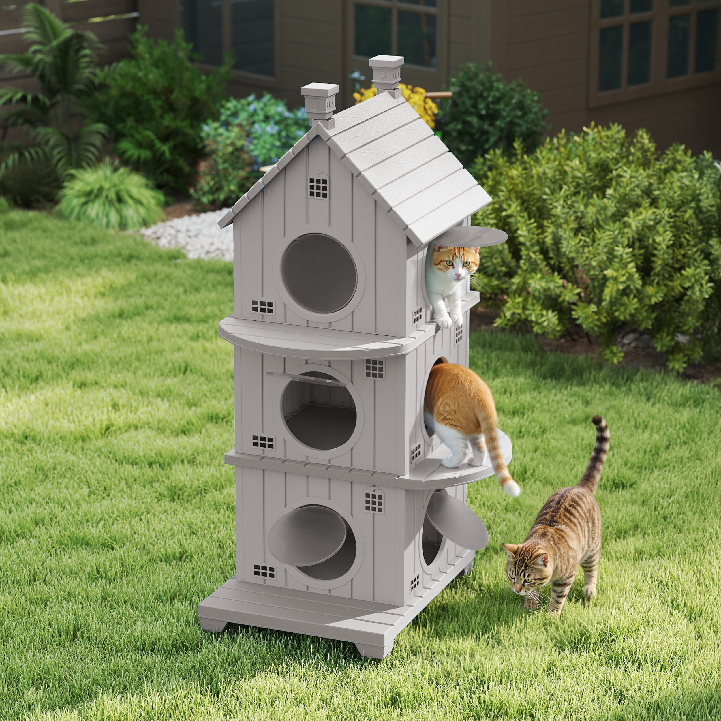 Fazzn Outdoor Cat House with Porch: Weatherproof Insulated Shelter for Cats, Kittens, and Puppies, Including Feral Cats. Features Multiple Entrances, an Elevated Base, and Easy Assembly.Blue/Brown
