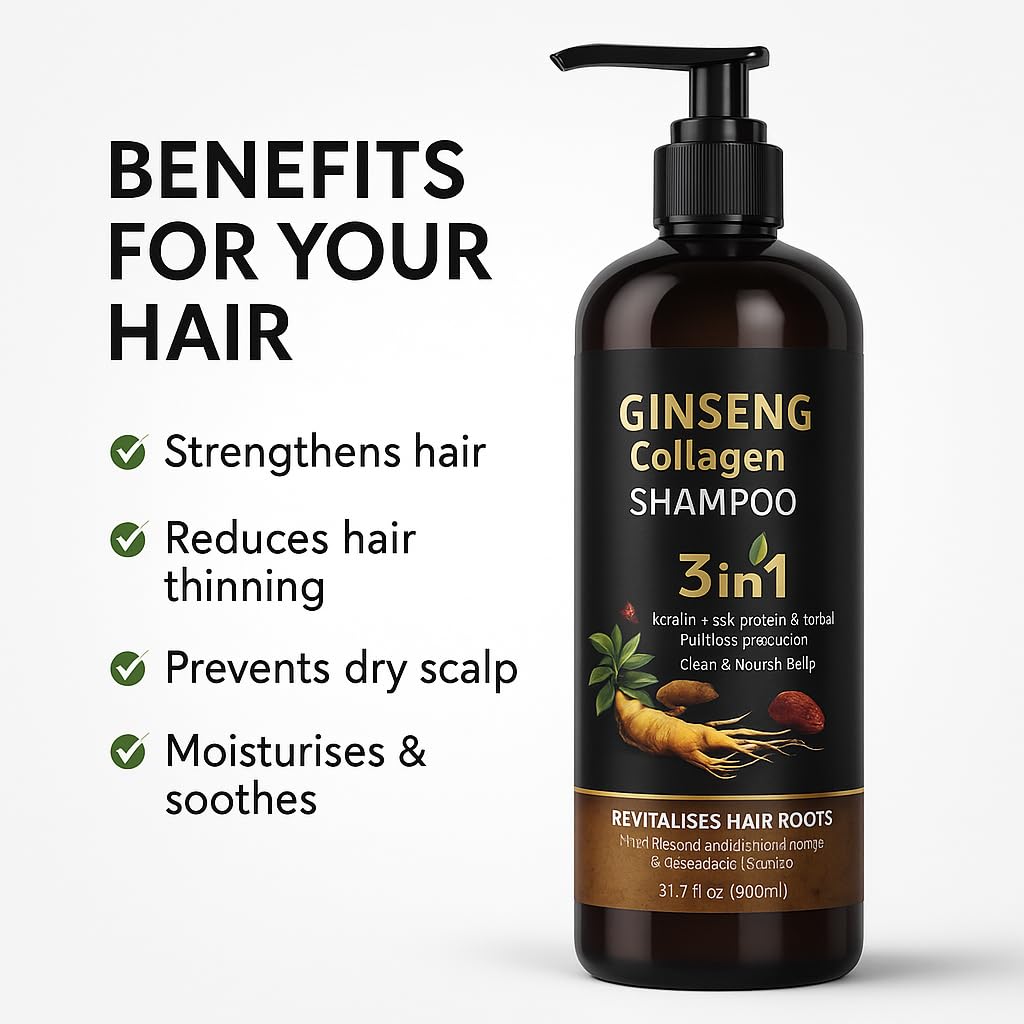 900ML X-Large 3in1 Ginseng Collagen Shampoo with Ginger extract, Hair Loss Prevention with Keratin & Silk Protein | Strengthens & Revitalizes Hair Roots for Thicker, Healthier Hair