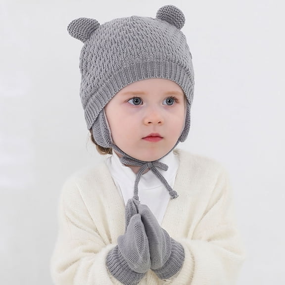 WRISTBIQUE 1 Set of Lovely Knitting Hat and Gloves Grey Windproof Winter Accessories for New Year