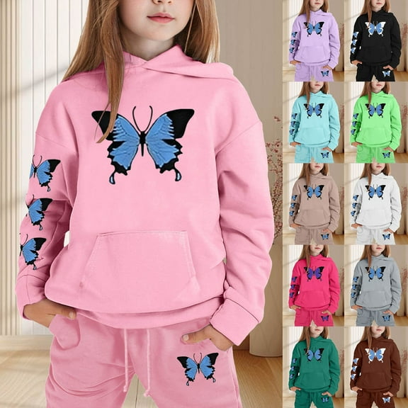 Girls Sweatsuit 2 Piece Set Buttrfly Print Long Sleeve Hoodies Drawstring Joggers Casual Fall Winter Comfortable Outfits for Girls 2-3 Years