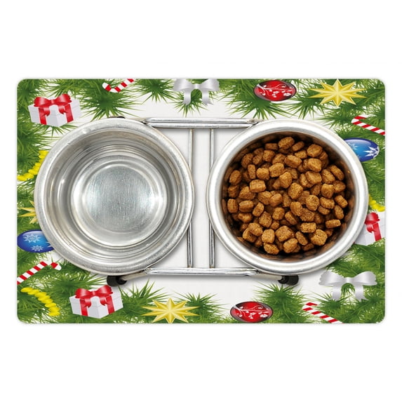 Christmas Pet Mat for Food and Water, Fir Branches Square Framework Xmas Noel Celebration in Vibrant Colors, Non-Slip Rubber Mat for Dogs and Cats, 18" X 12", by Ambesonne