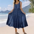 thumbnail image 2 of XUNKUSGA Maxi Sundresses for Women Casual Scoop Neck Sleeveless Plaid Pleated Flowy Womens Summer Dresses Classic High Waisted Beach Swing Dress with Pockets,Blue,M, 2 of 7